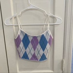 Kendall and Kylie Argyle Sweater Knit Crop Tank Top Blue and Purple Size Small